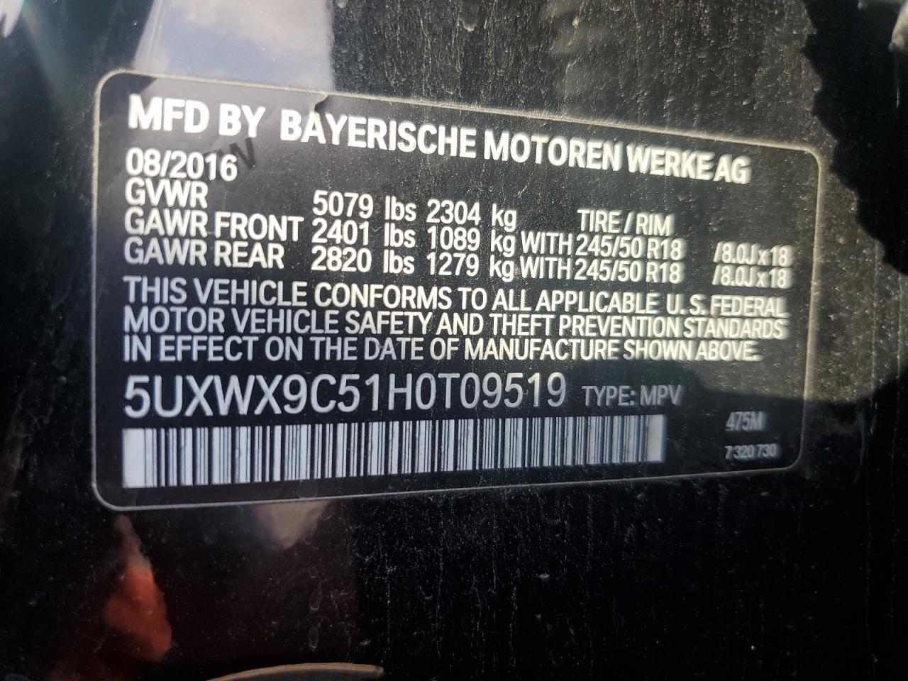 5UXWX9C51H0T09519 2017 BMW X3 xDrive28I