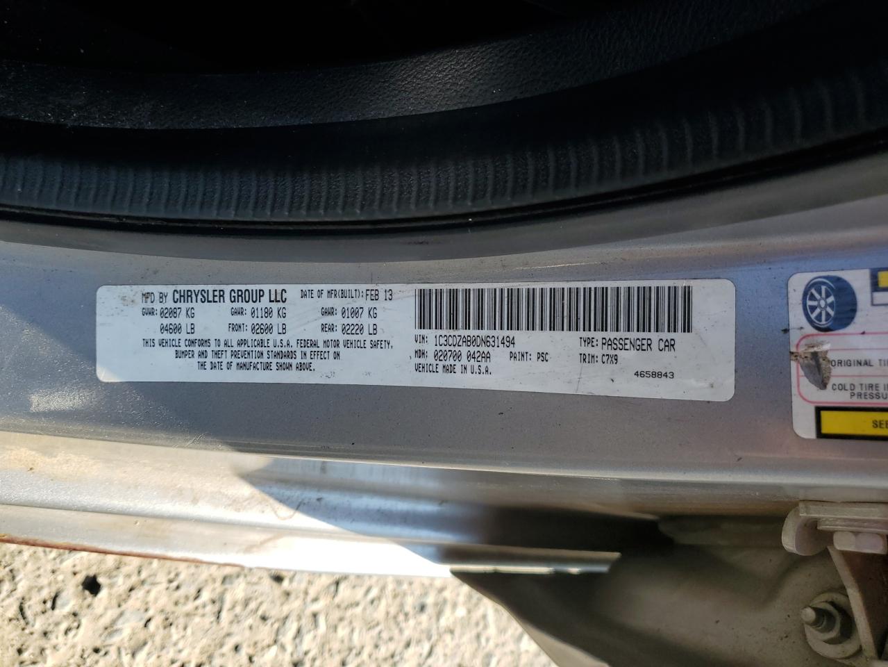 2013 Dodge Avenger Se VIN: 1C3CDZAB0DN631494 Lot: 61663694