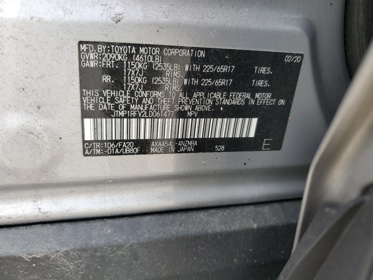 2020 Toyota Rav4 Xle VIN: JTMP1RFV2LD061477 Lot: 62874074