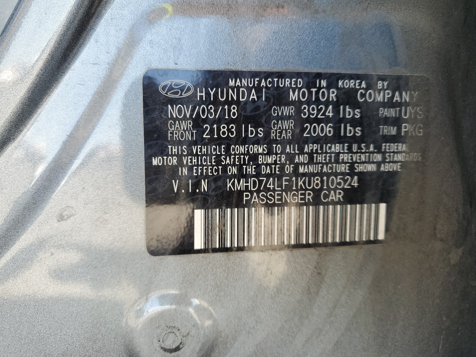 KMHD74LF1KU810524 2019 Hyundai Elantra Se