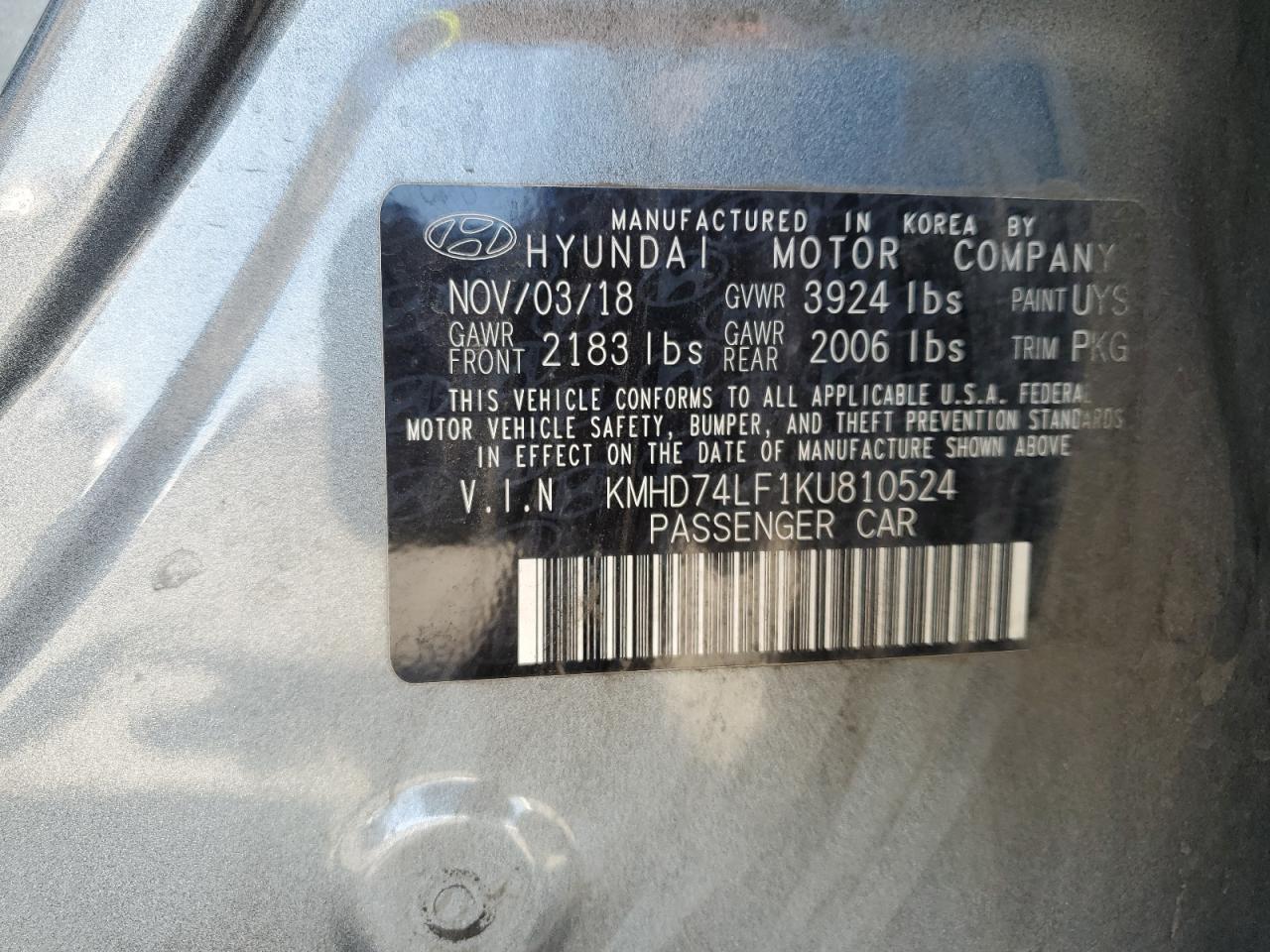 2019 Hyundai Elantra Se VIN: KMHD74LF1KU810524 Lot: 63431584