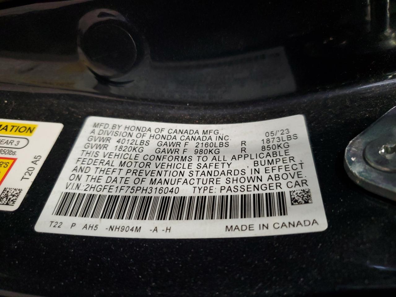2HGFE1F75PH316040 2023 Honda Civic Ex
