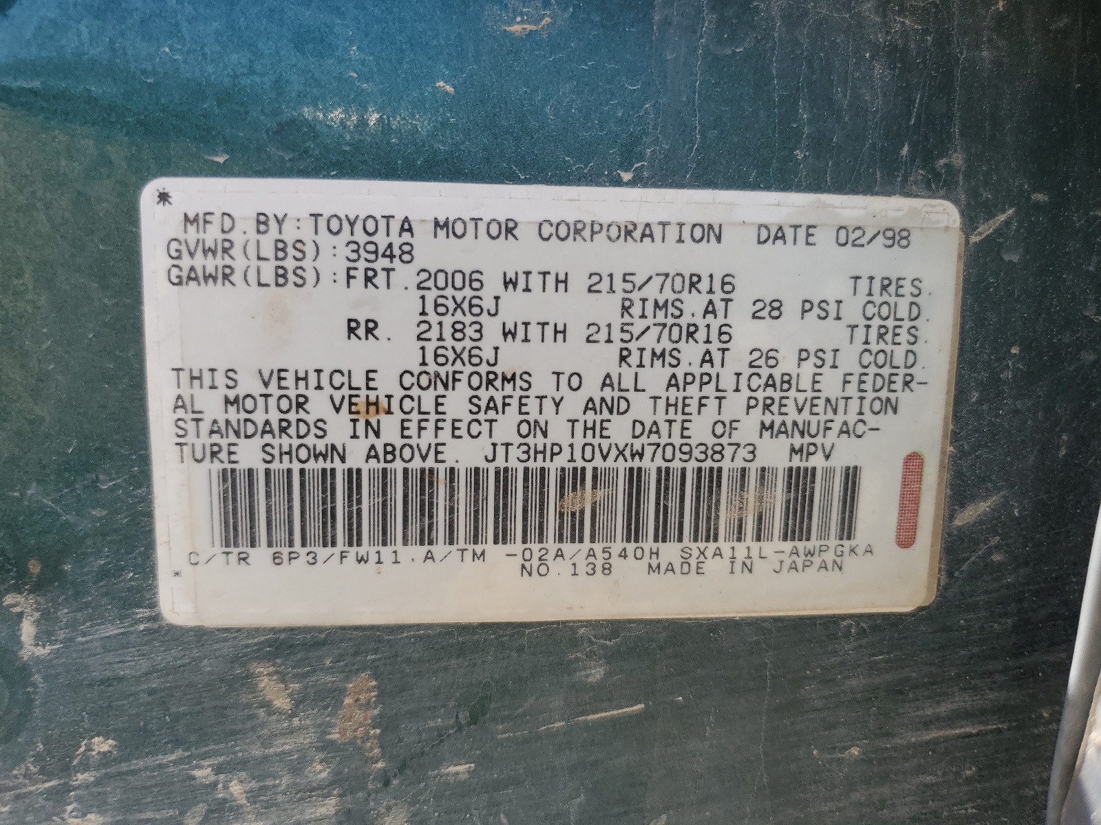 JT3HP10VXW7093873 1998 Toyota Rav4