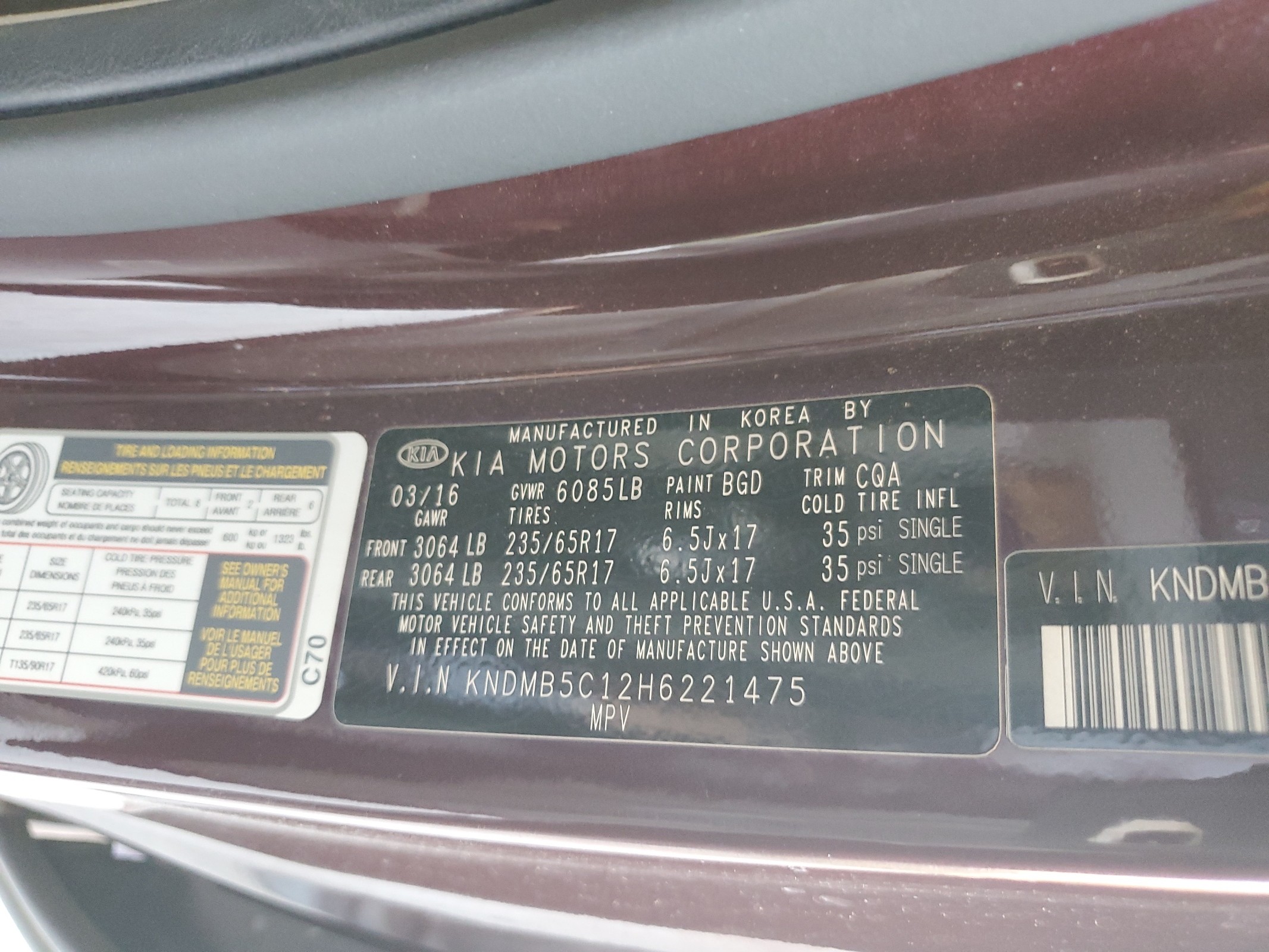 KNDMB5C12H6221475 2017 Kia Sedona Lx