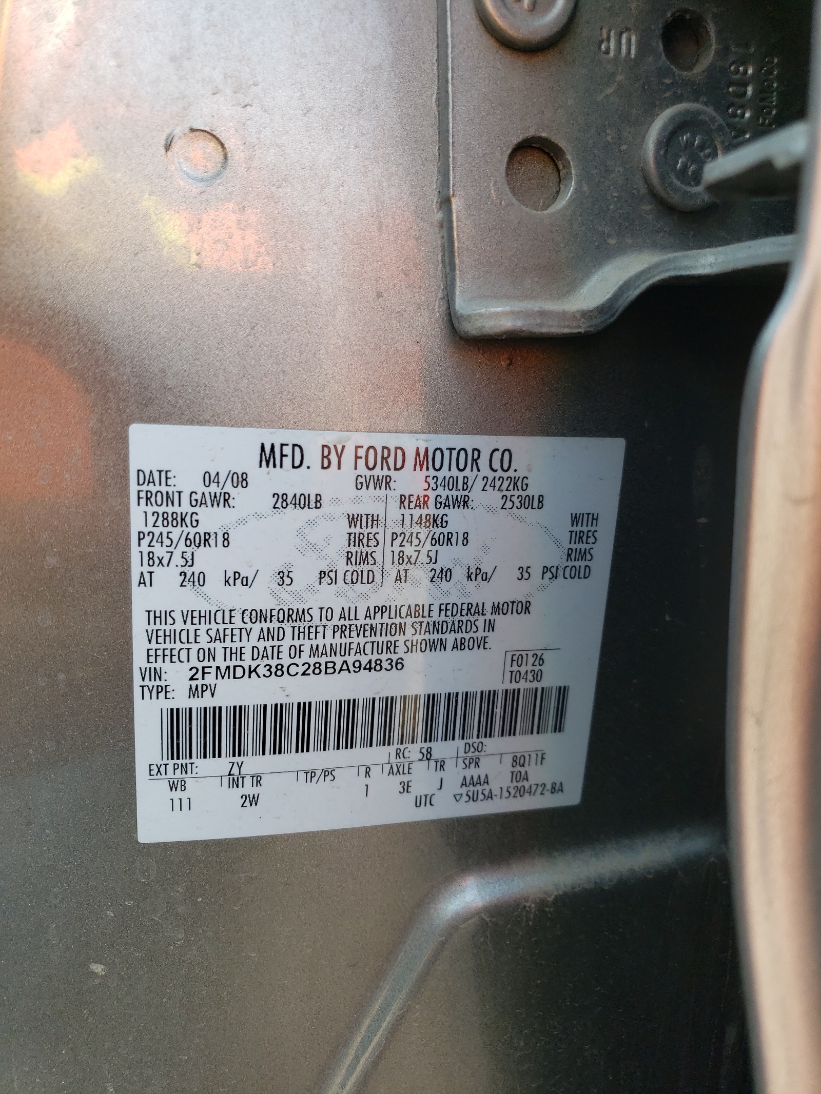 2FMDK38C28BA94836 2008 Ford Edge Sel