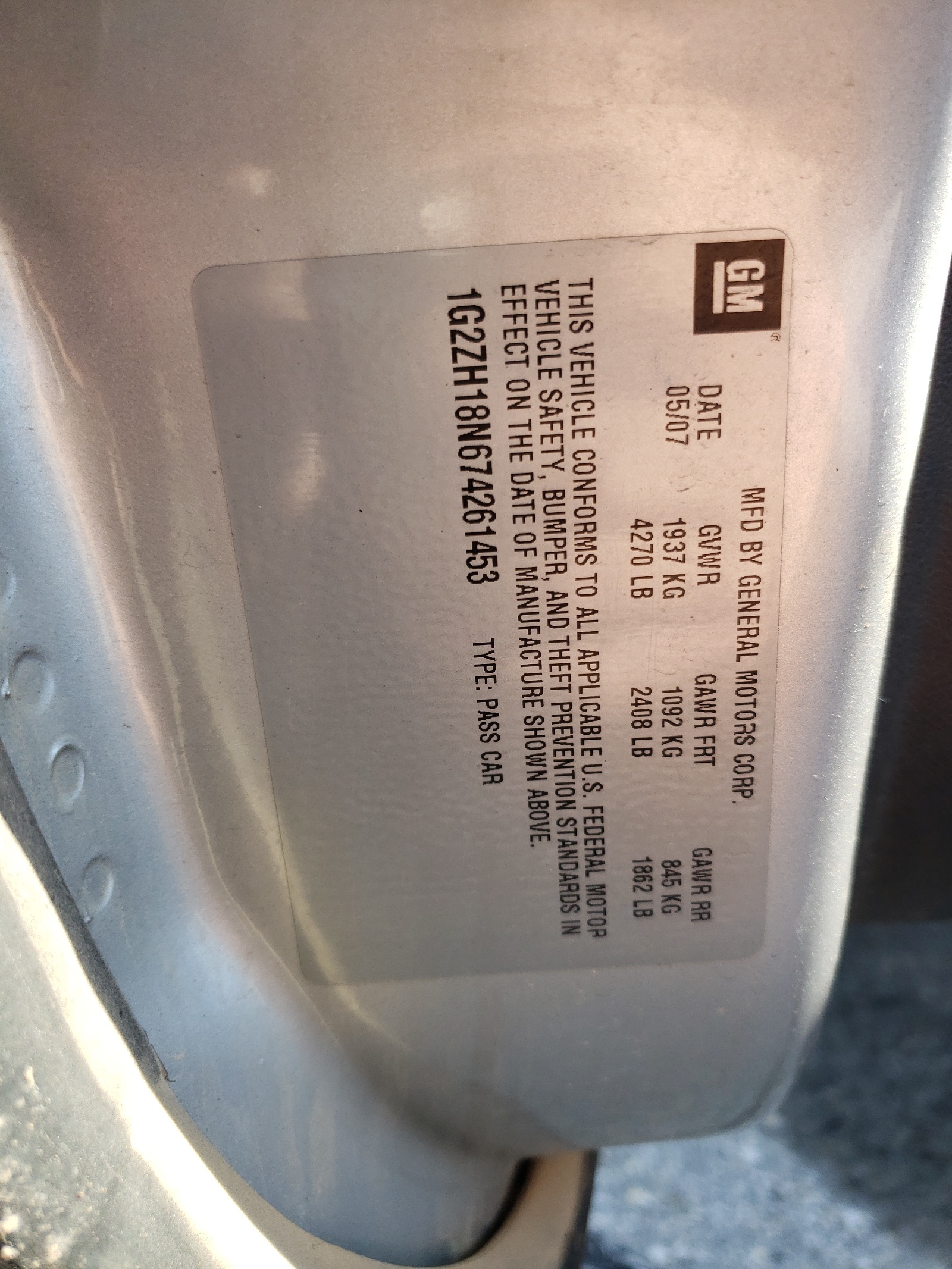 1G2ZH18N674261453 2007 Pontiac G6 Gt