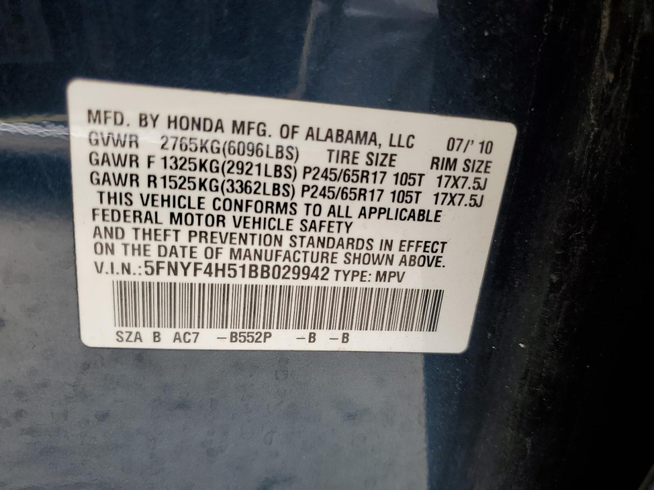 2011 Honda Pilot Exl VIN: 5FNYF4H51BB029942 Lot: 64464654