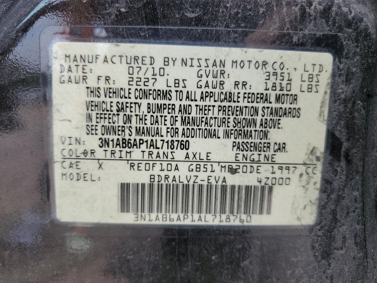 3N1AB6AP1AL718760 2010 Nissan Sentra 2.0