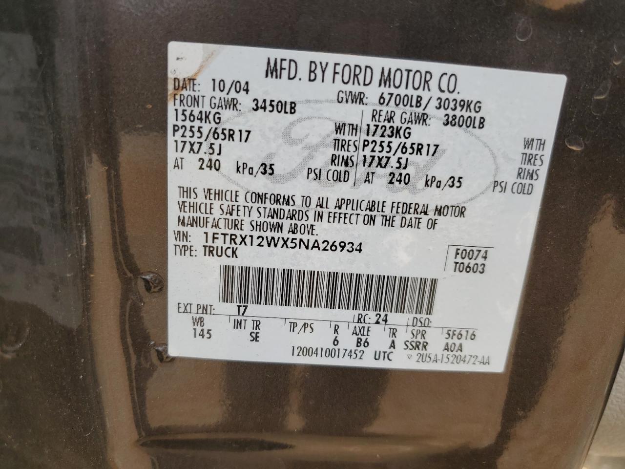 2005 Ford F150 VIN: 1FTRX12WX5NA26934 Lot: 64638684