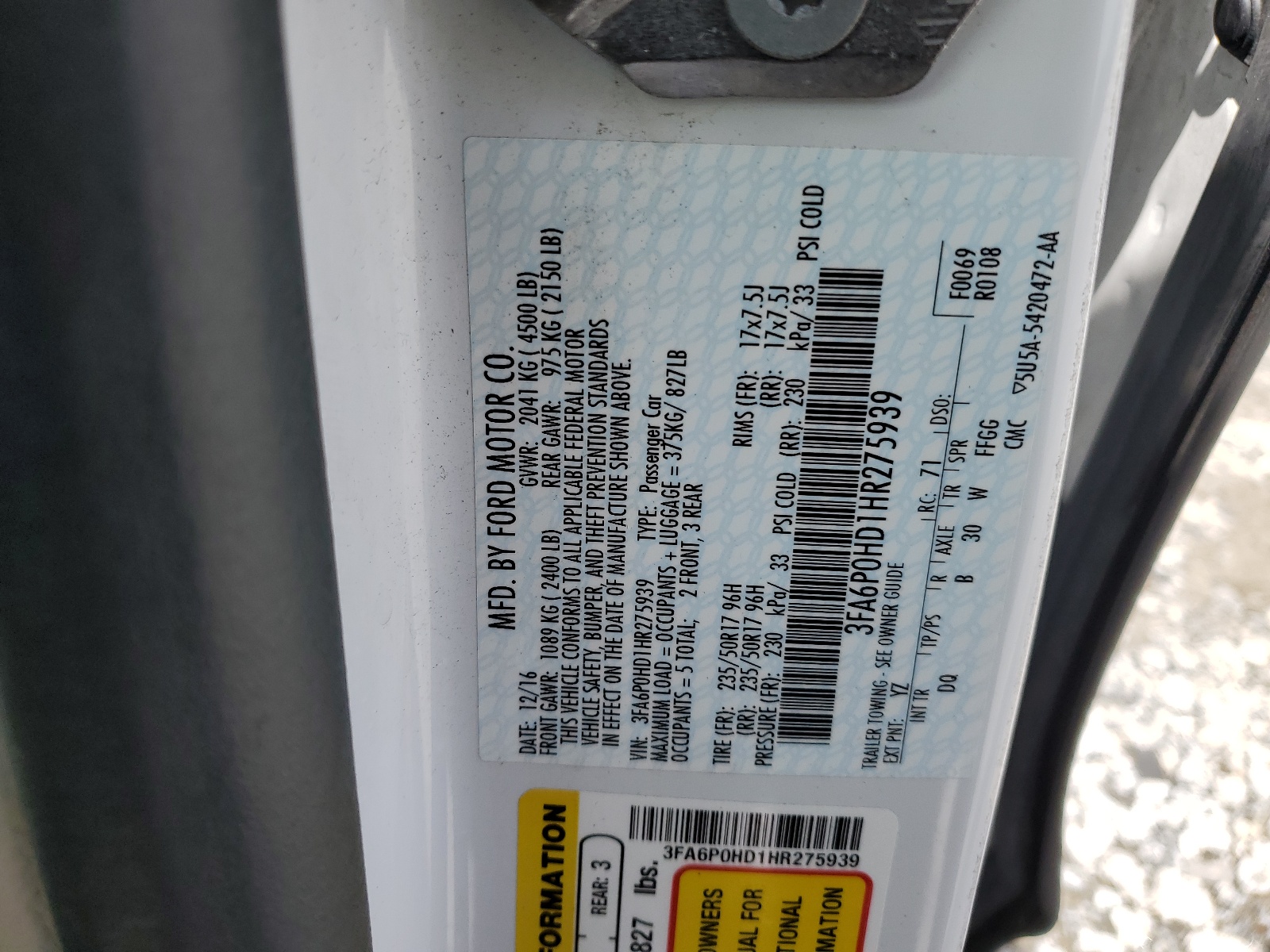 3FA6P0HD1HR275939 2017 Ford Fusion Se