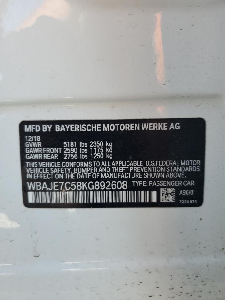 2019 BMW 540 Xi VIN: WBAJE7C58KG892608 Lot: 62770584