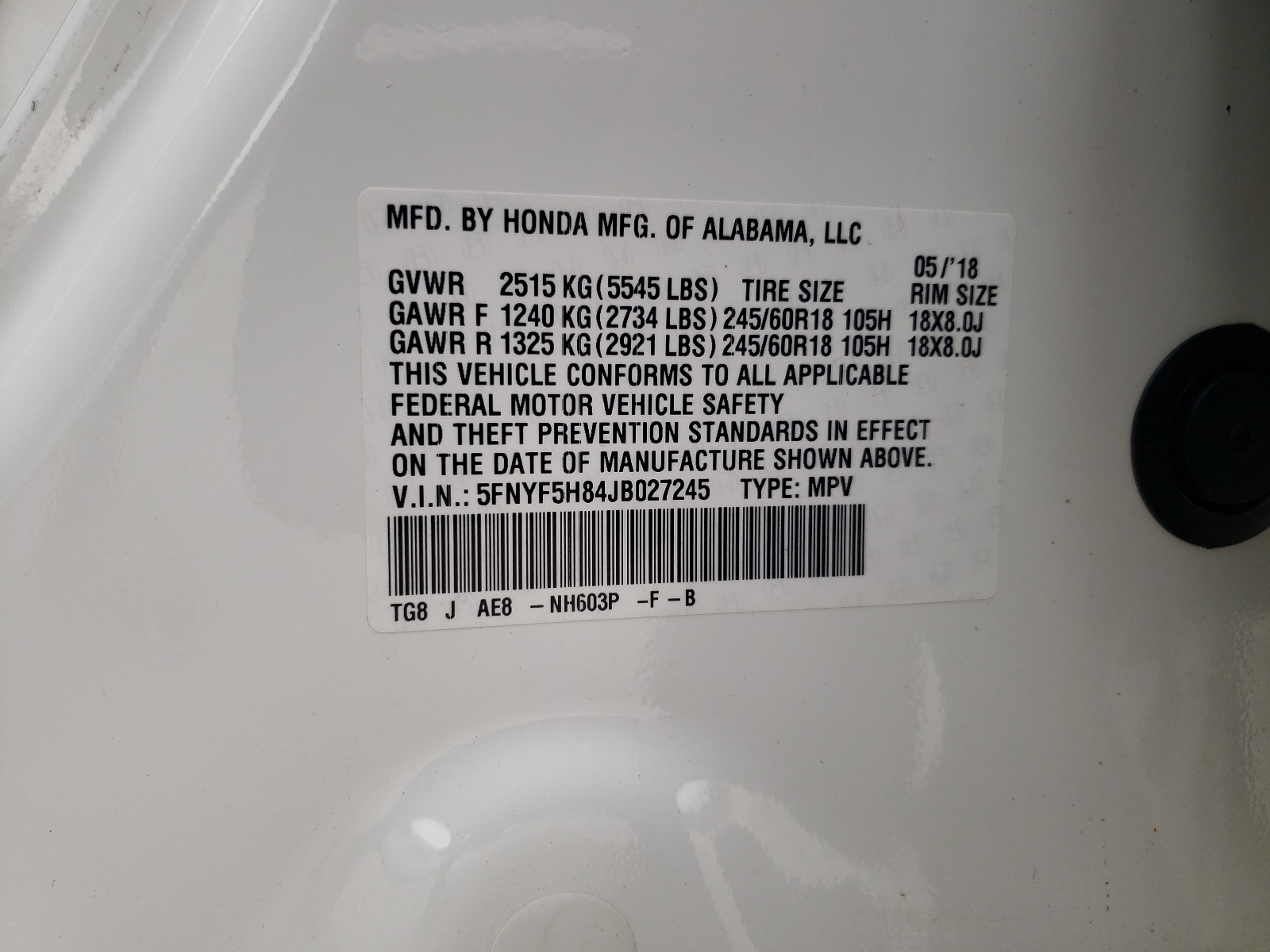 5FNYF5H84JB027245 2018 Honda Pilot Exl