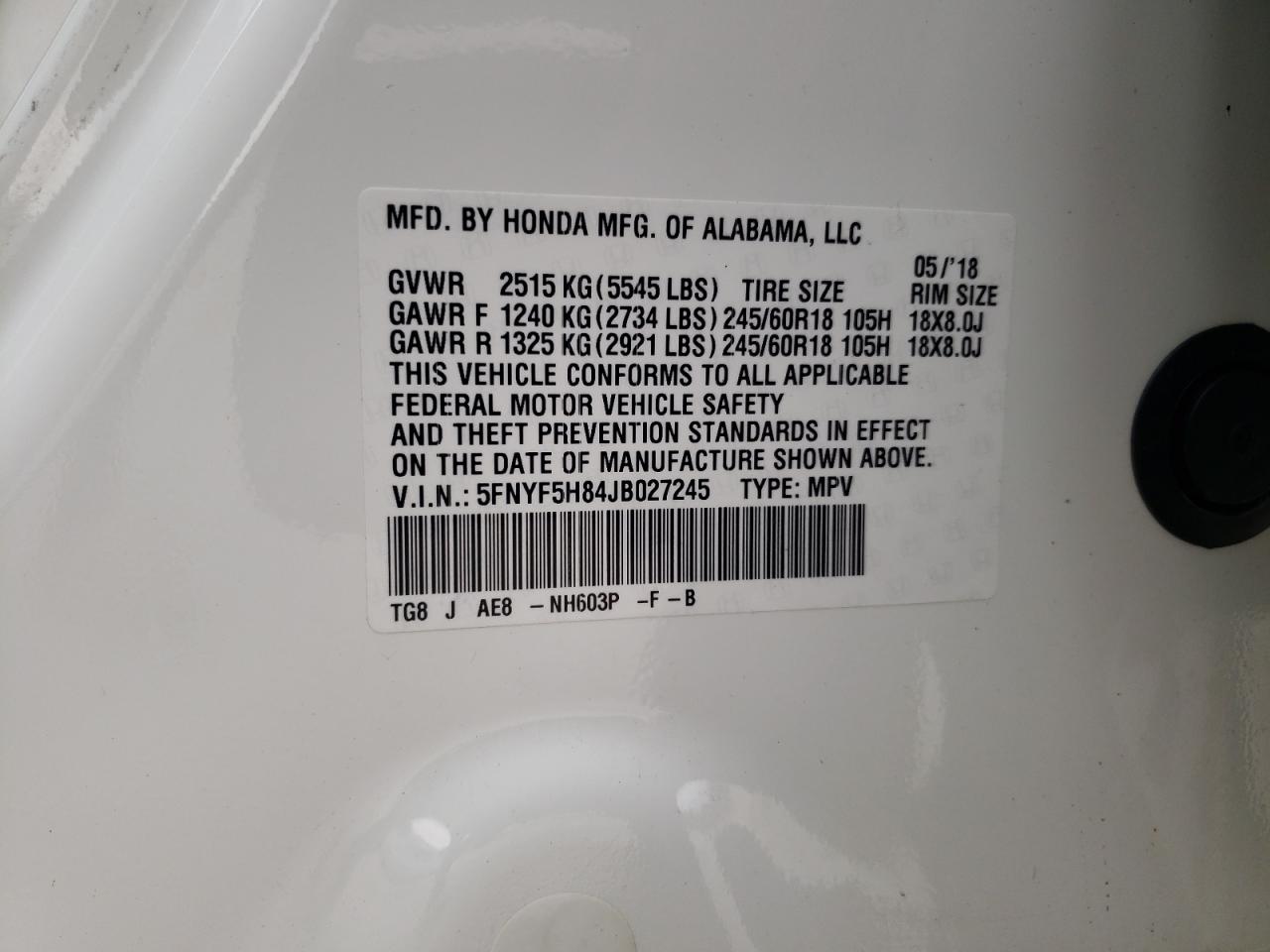 2018 Honda Pilot Exl VIN: 5FNYF5H84JB027245 Lot: 63525854