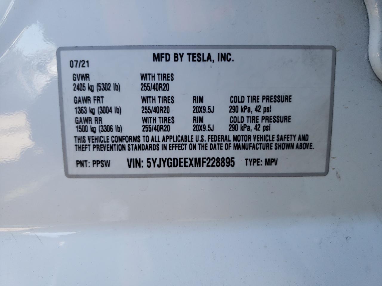 2021 Tesla Model Y VIN: 5YJYGDEEXMF228895 Lot: 62591274