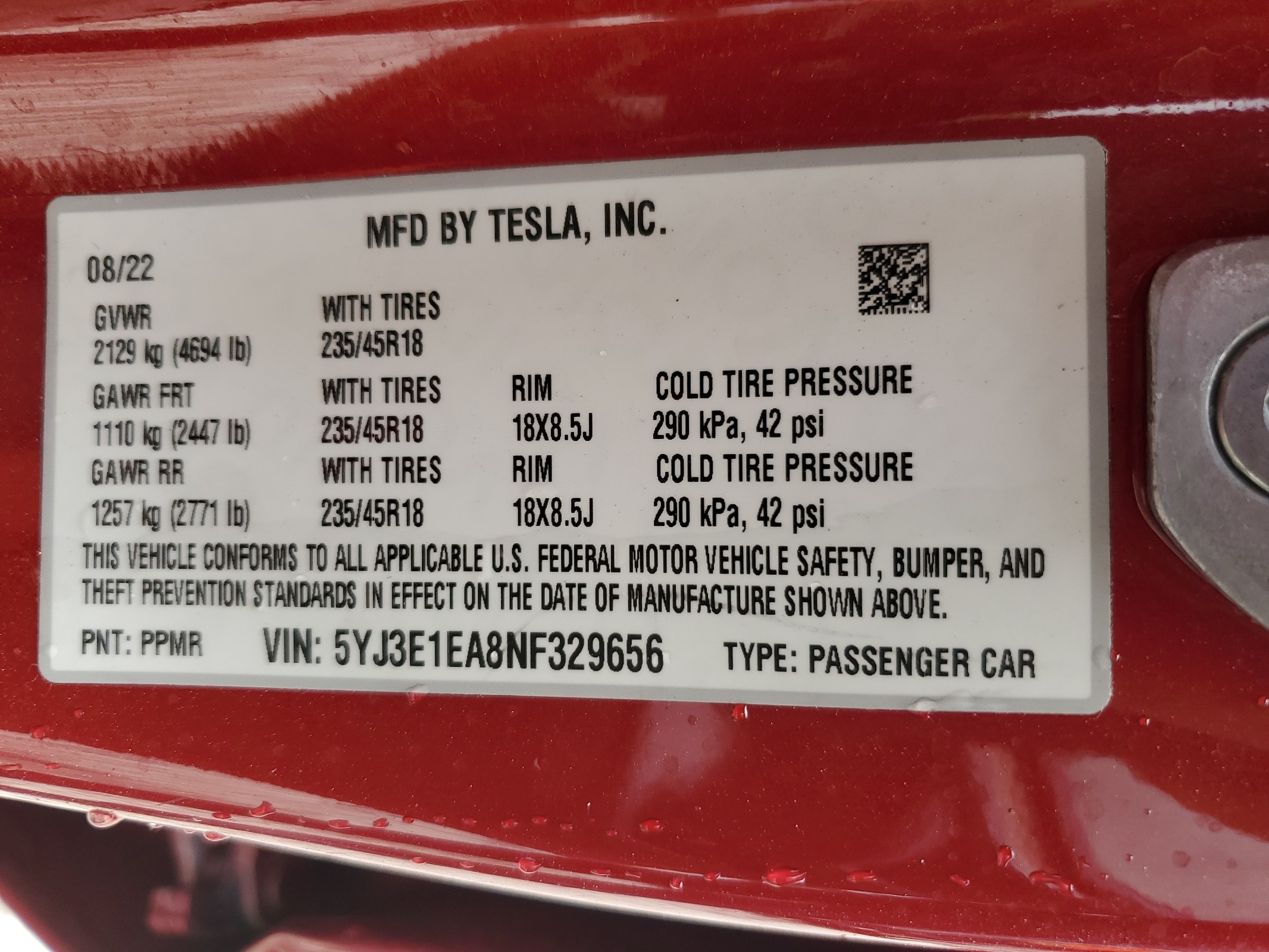 5YJ3E1EA8NF329656 2022 Tesla Model 3