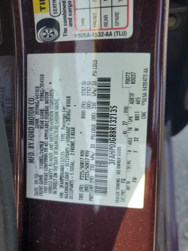 2011 Ford Fusion Sel VIN: 3FAHP0JG8BR132135 Lot: 64860584