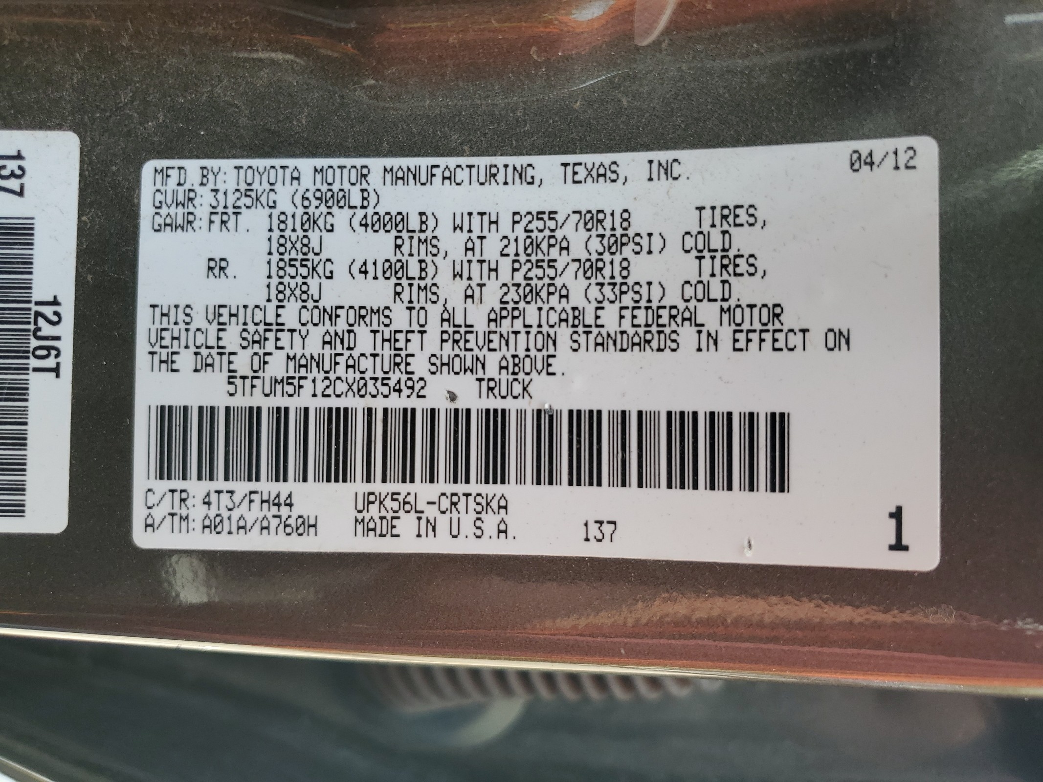 5TFUM5F12CX035492 2012 Toyota Tundra Double Cab Sr5