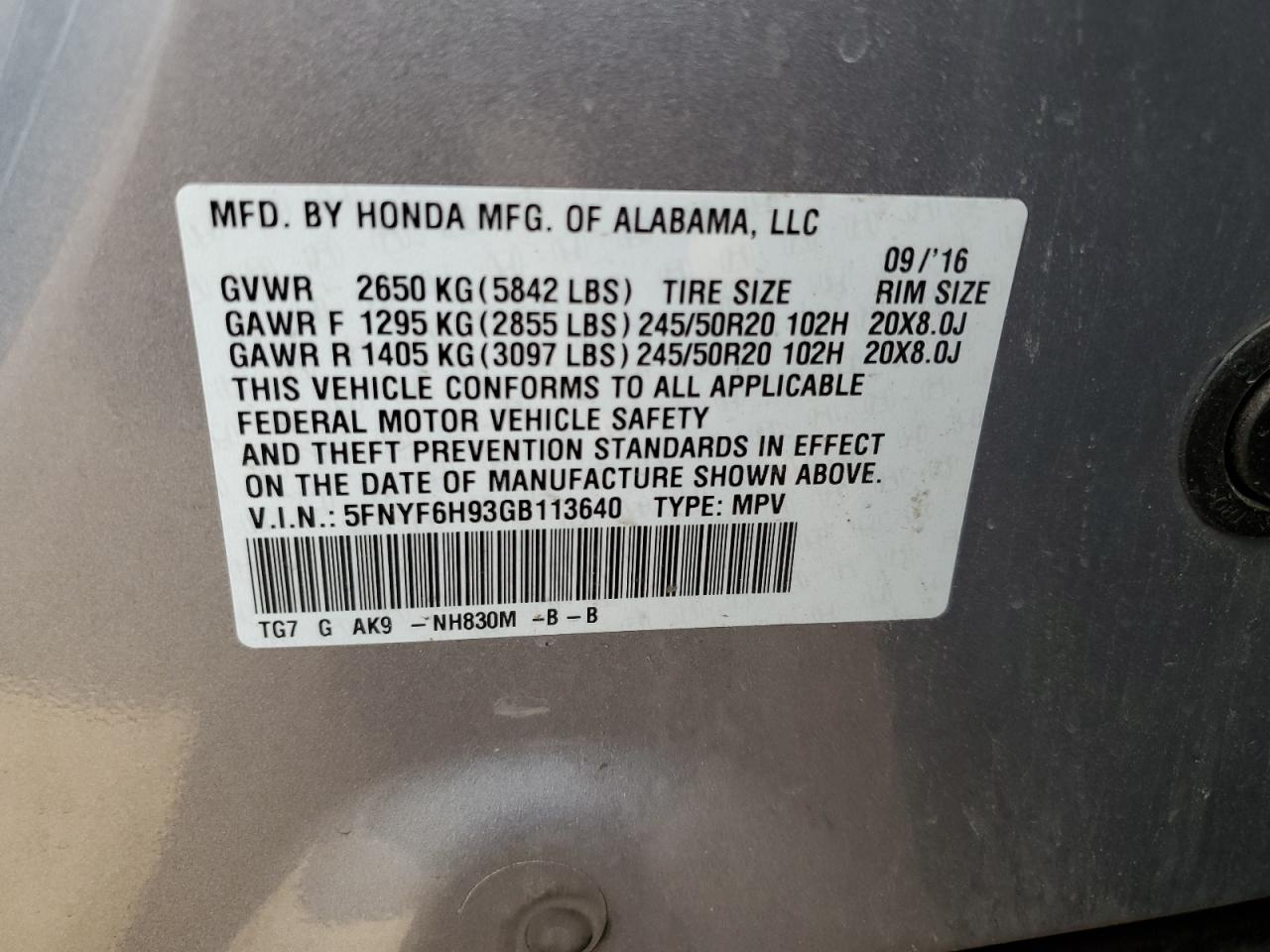 2016 Honda Pilot Touring VIN: 5FNYF6H93GB113640 Lot: 62415754