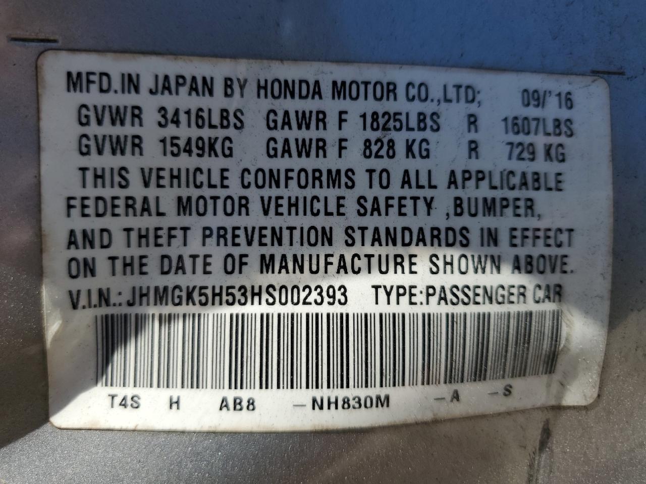 2017 Honda Fit Lx VIN: JHMGK5H53HS002393 Lot: 63786504