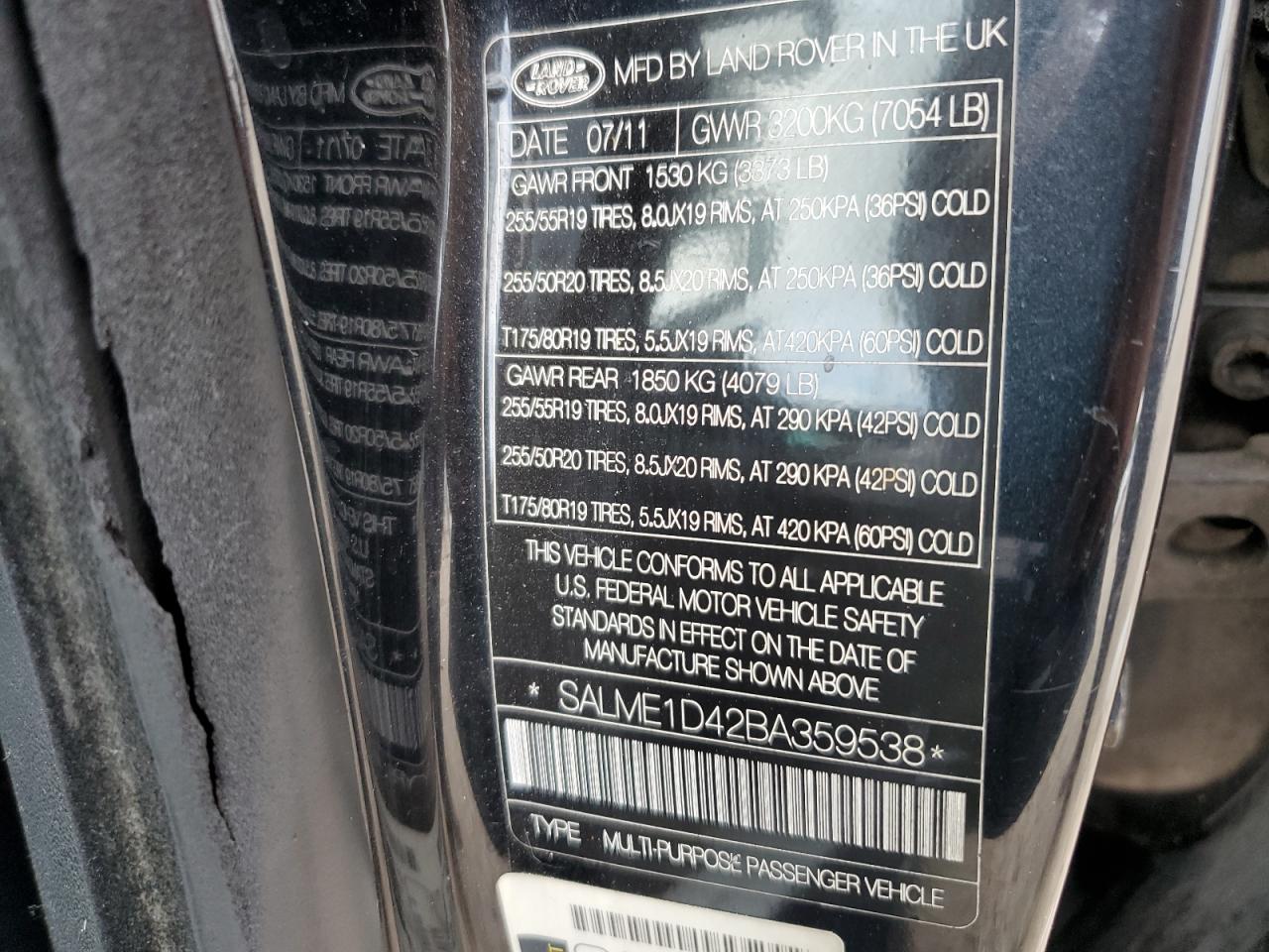 2011 Land Rover Range Rover Hse VIN: SALME1D42BA359538 Lot: 62885964