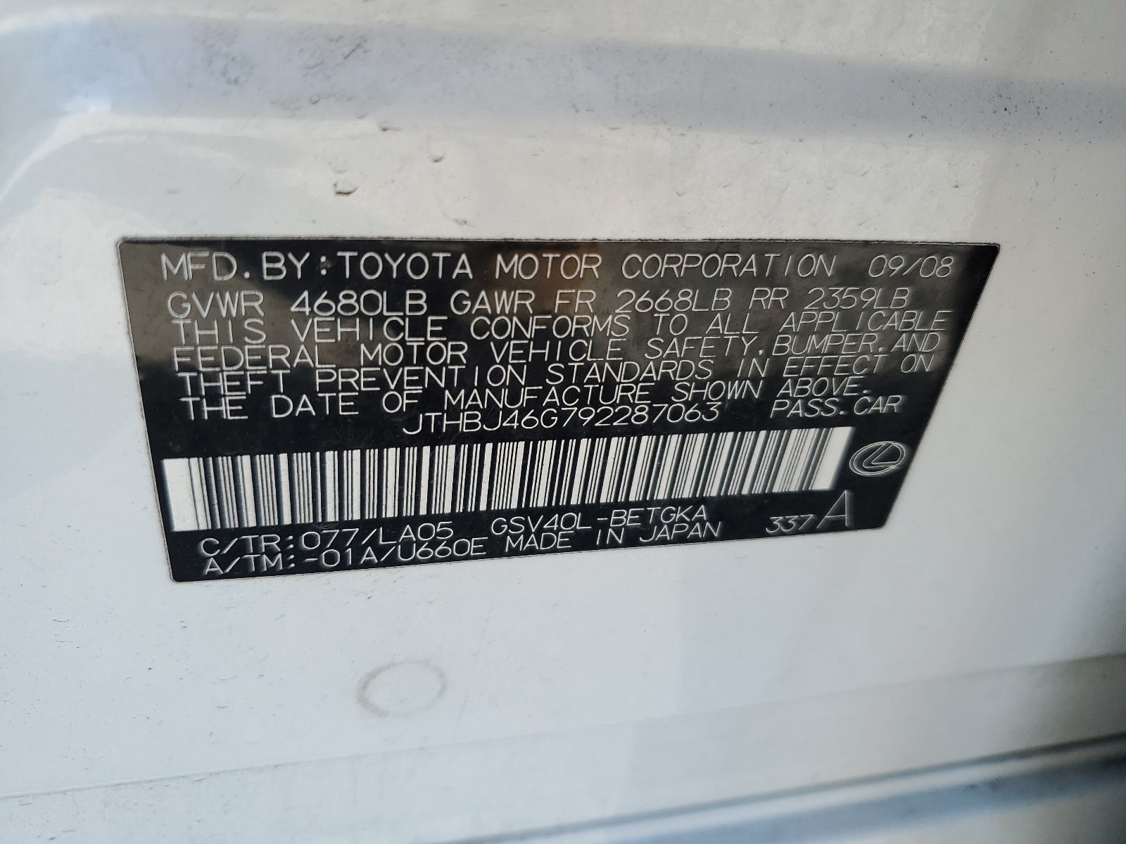 JTHBJ46G792287063 2009 Lexus Es 350