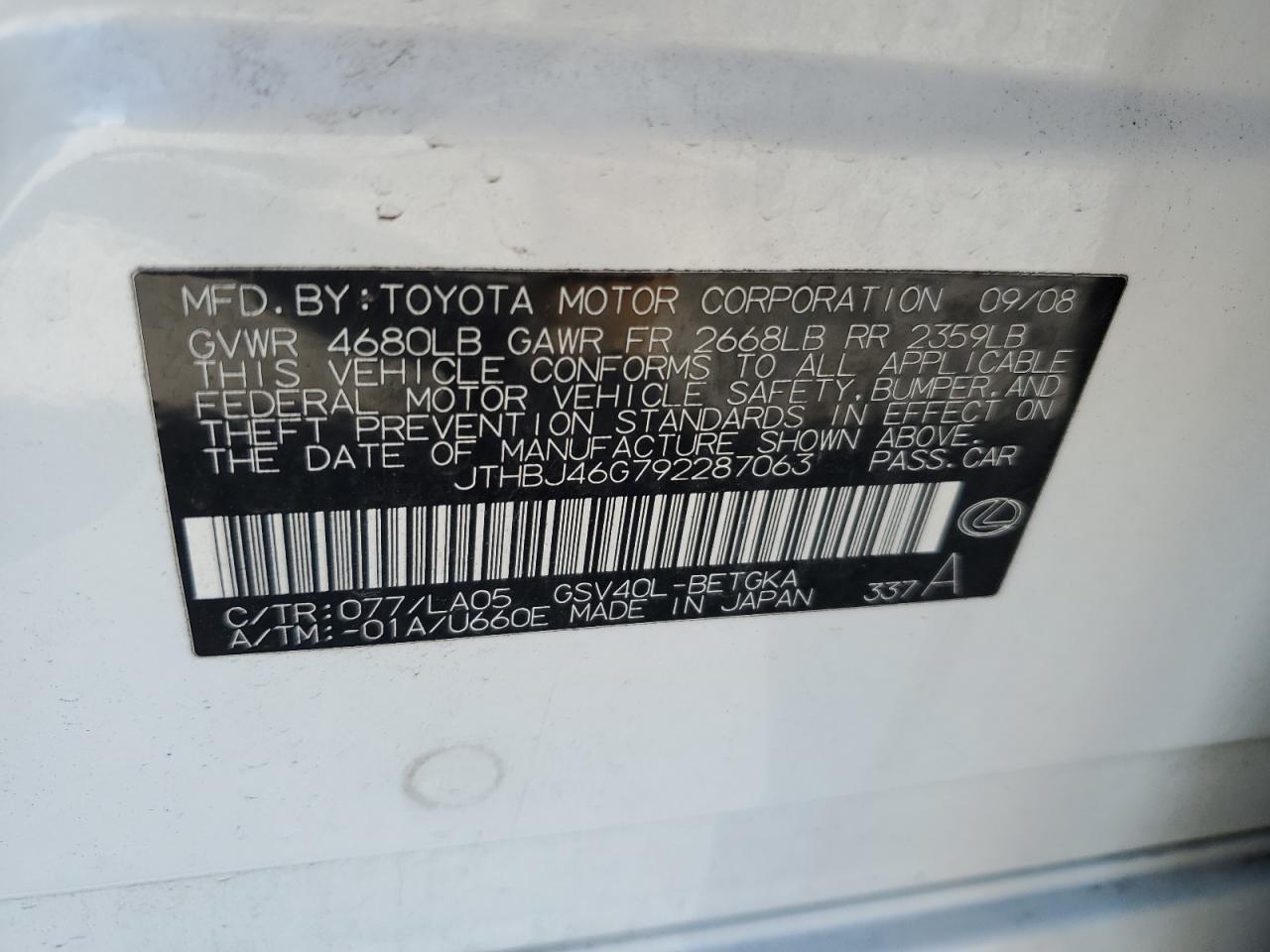 2009 Lexus Es 350 VIN: JTHBJ46G792287063 Lot: 63789954