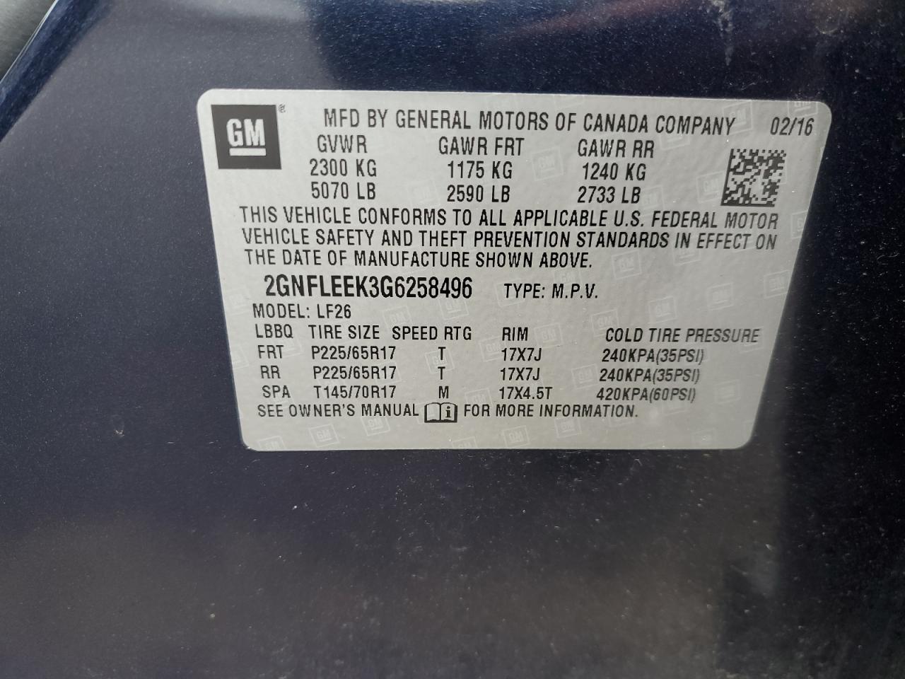 2016 Chevrolet Equinox Ls VIN: 2GNFLEEK3G6258496 Lot: 64469614