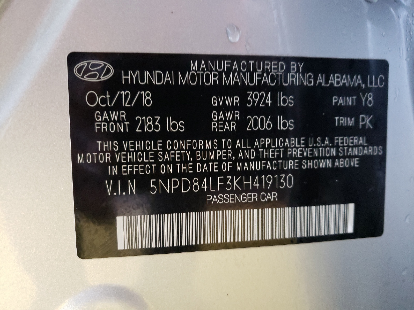 5NPD84LF3KH419130 2019 Hyundai Elantra Sel