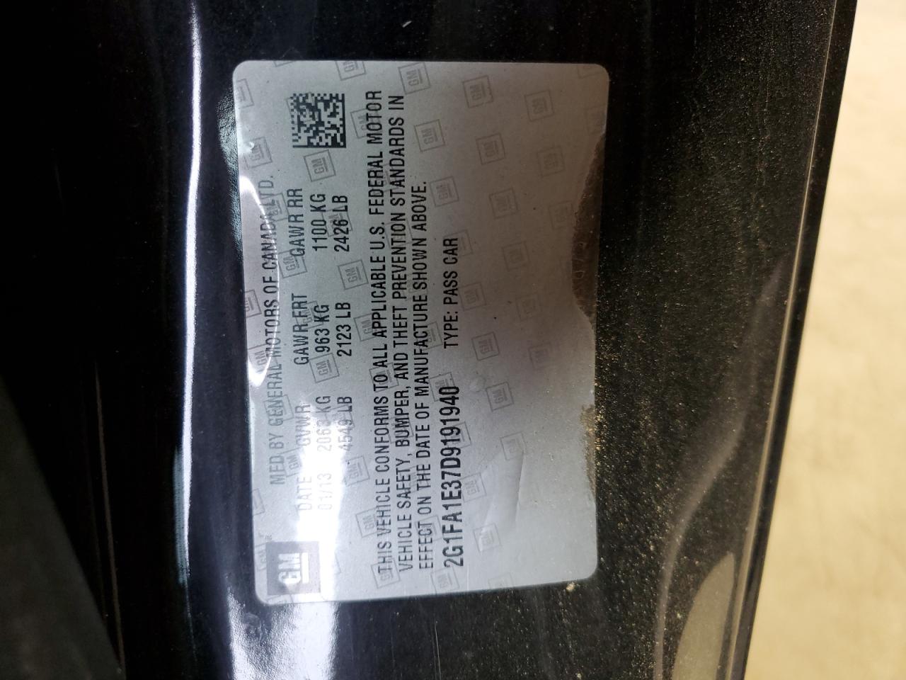 2013 Chevrolet Camaro Ls VIN: 2G1FA1E37D9191940 Lot: 63810574