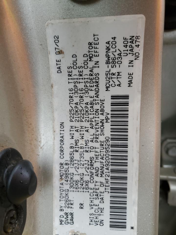 2002 Toyota Highlander Limited VIN: JTEHF21A920095290 Lot: 62517204