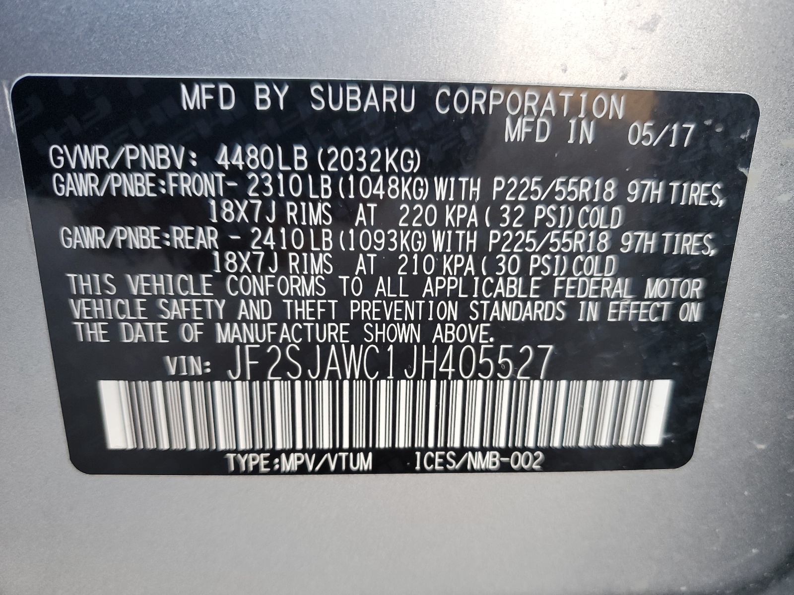 JF2SJAWC1JH405527 2018 Subaru Forester 2.5I Touring