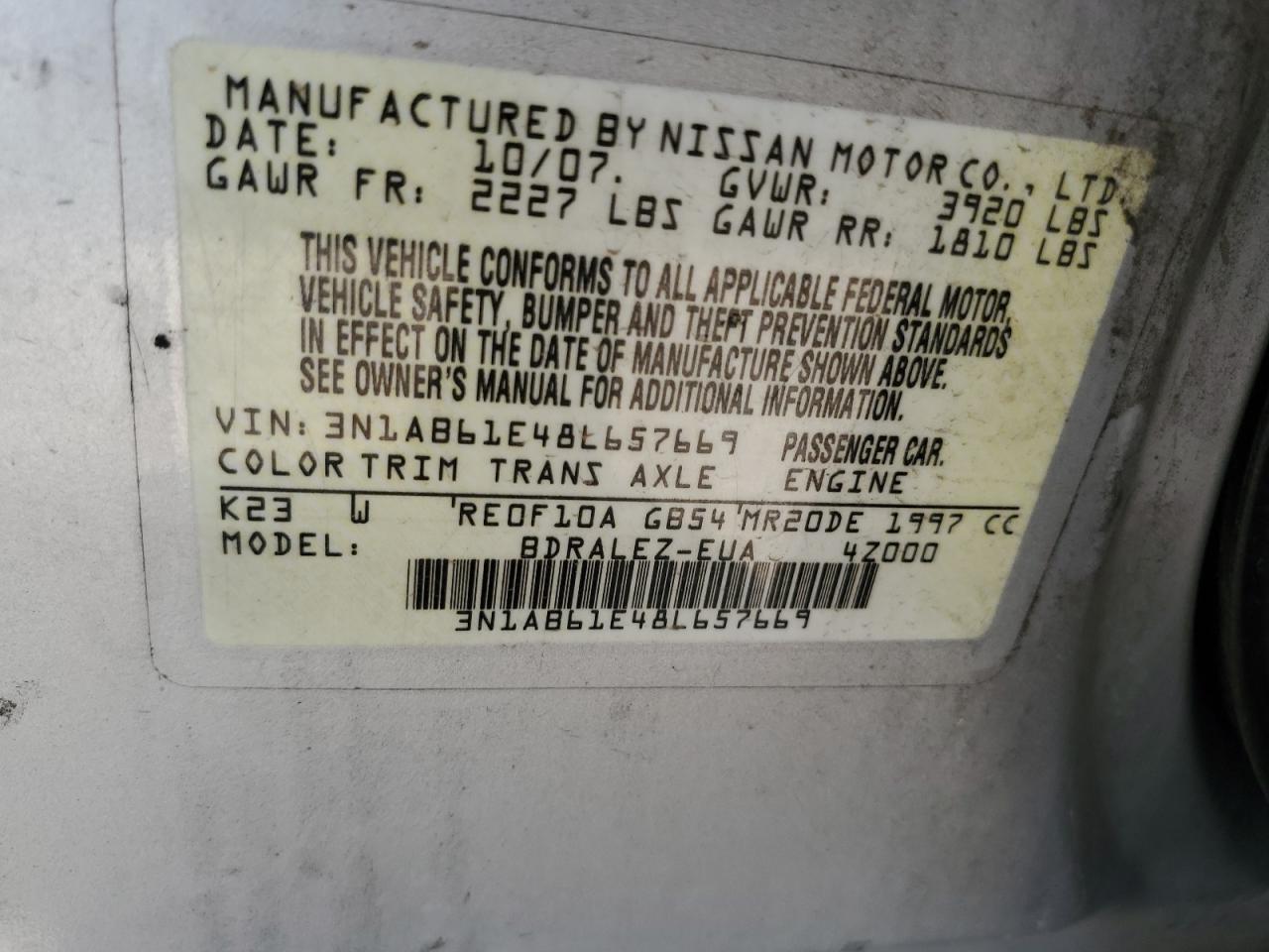 2008 Nissan Sentra 2.0 VIN: 3N1AB61E48L657669 Lot: 63246294