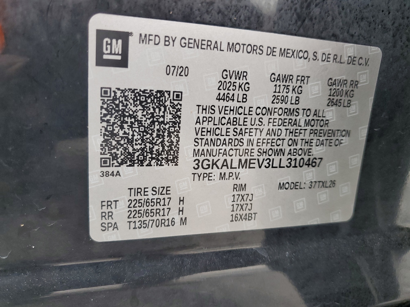 3GKALMEV3LL310467 2020 GMC Terrain Sle