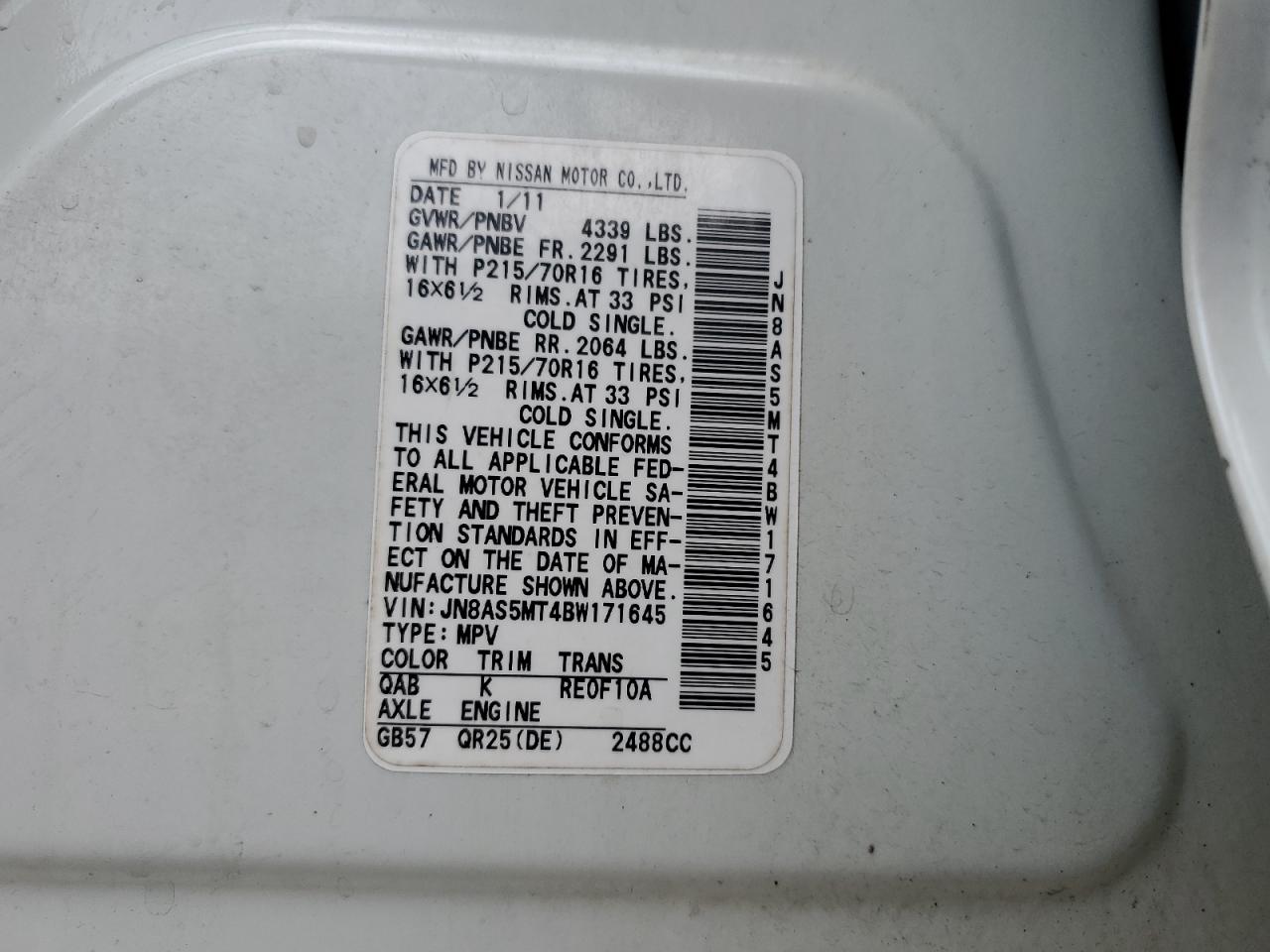 2011 Nissan Rogue S VIN: JN8AS5MT4BW171645 Lot: 61907714