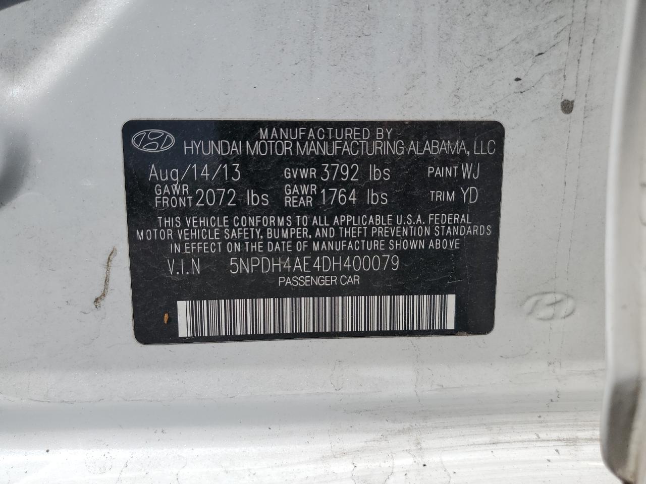 2013 Hyundai Elantra Gls VIN: 5NPDH4AE4DH400079 Lot: 65688074