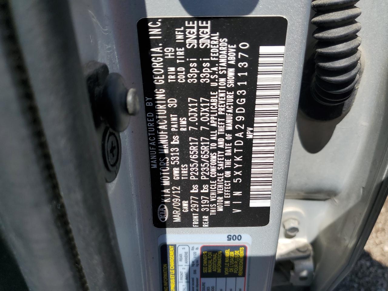 2013 Kia Sorento Lx VIN: 5XYKTDA29DG311370 Lot: 61629134