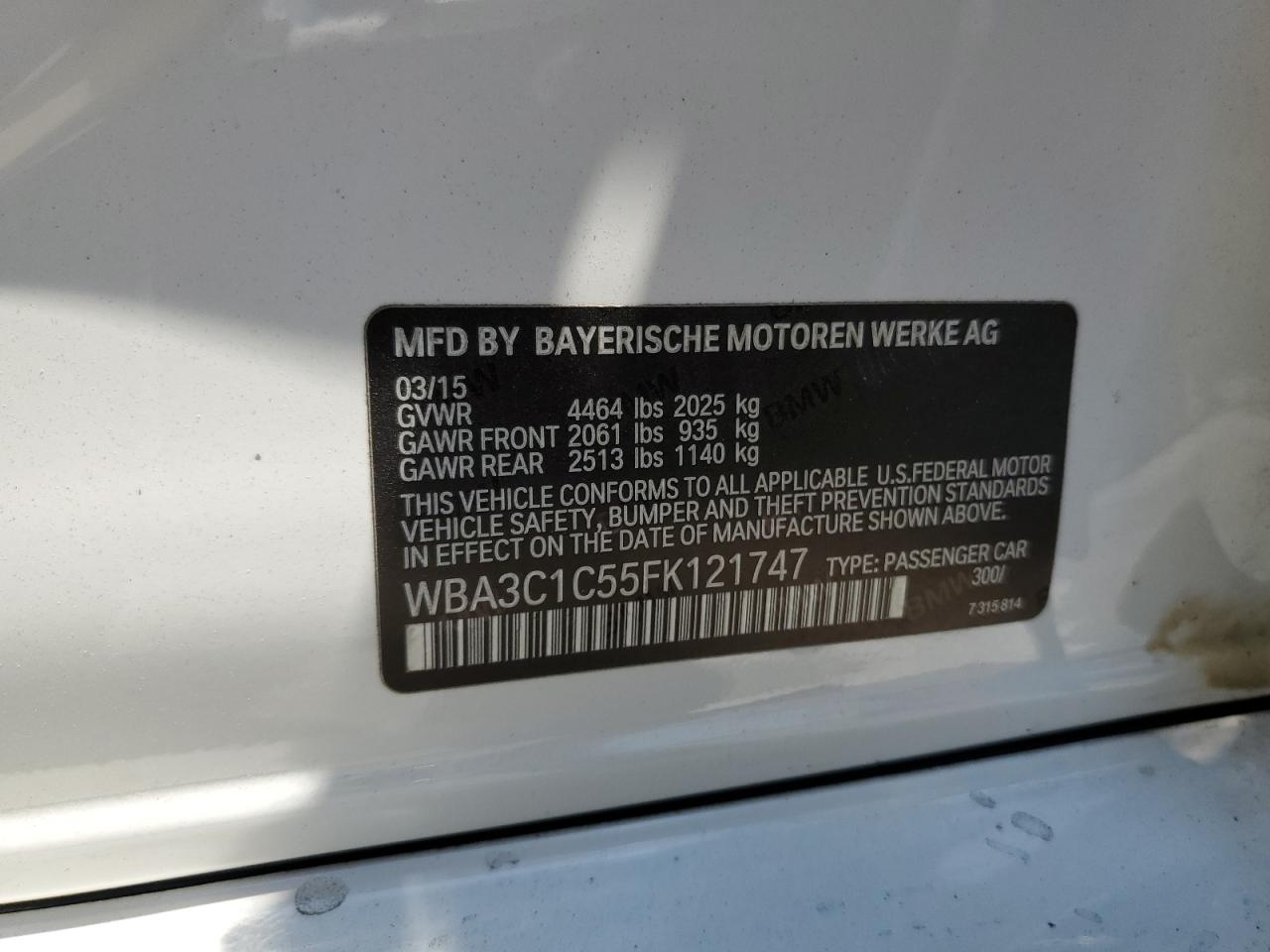 2015 BMW 328 I Sulev VIN: WBA3C1C55FK121747 Lot: 62322554