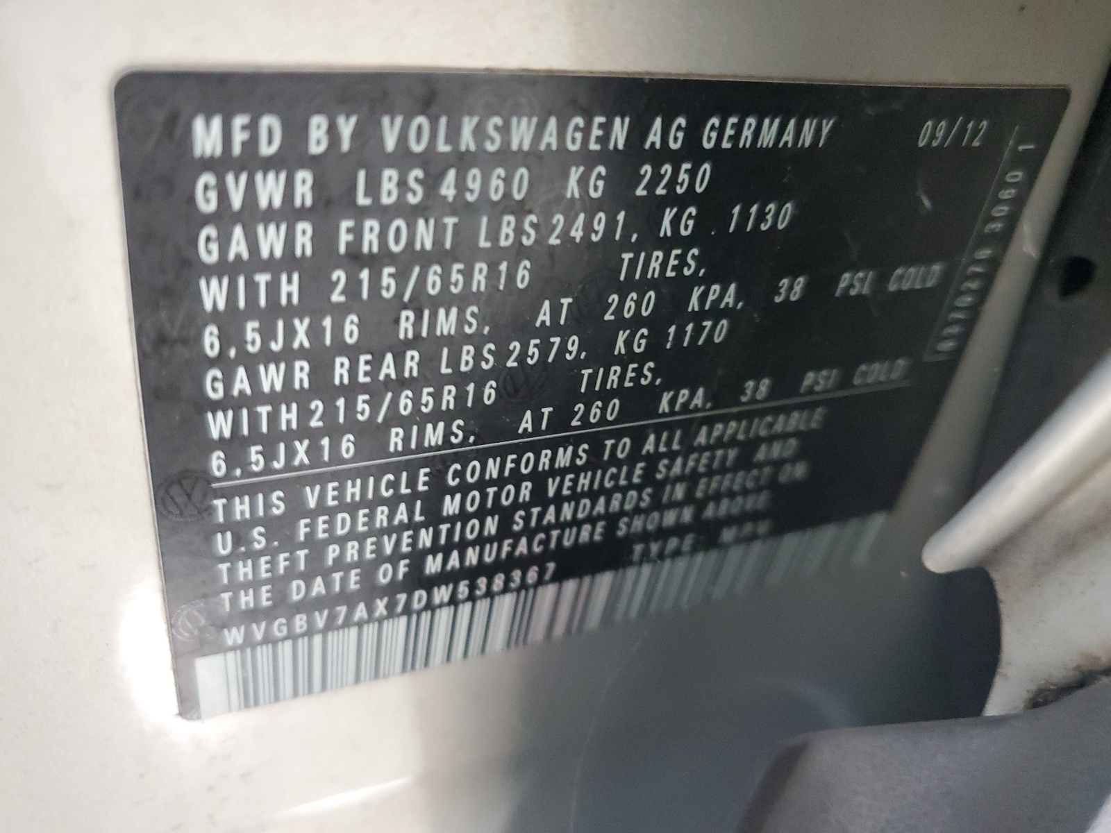 2013 Volkswagen Tiguan S vin: WVGBV7AX7DW538367