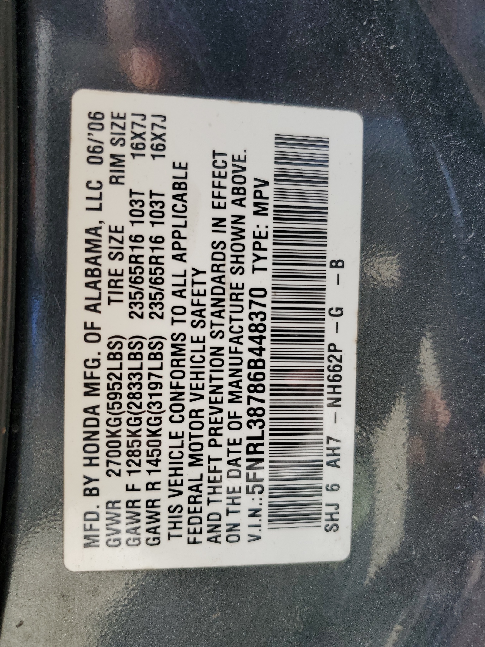 5FNRL38786B448370 2006 Honda Odyssey Exl
