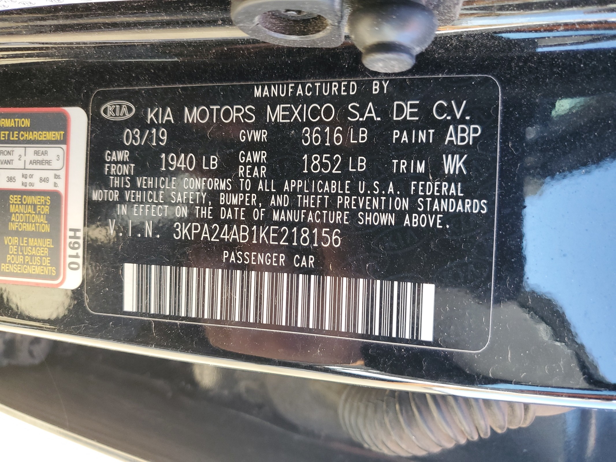 3KPA24AB1KE218156 2019 Kia Rio S