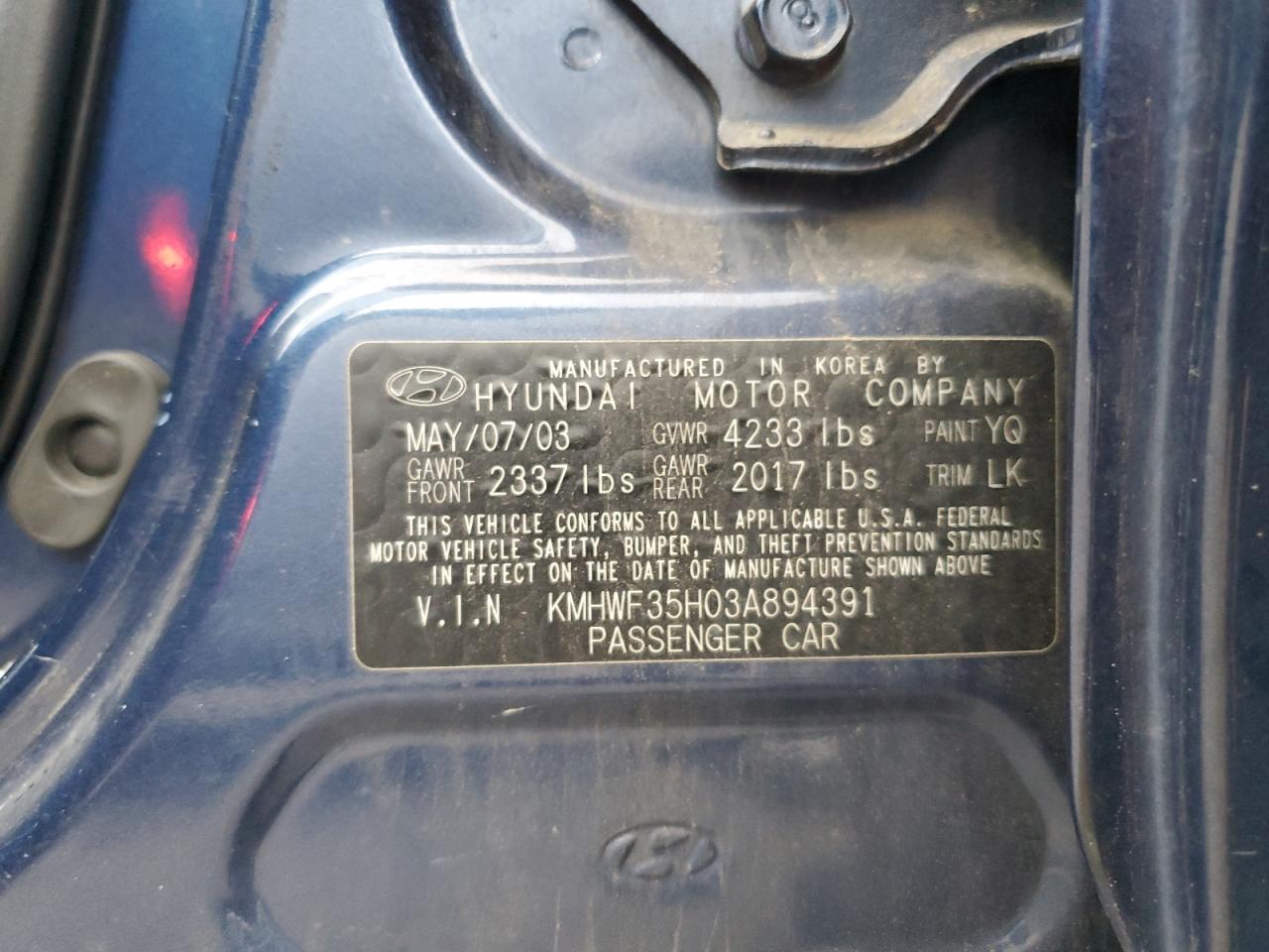 2003 Hyundai Sonata Gls VIN: KMHWF35H03A894391 Lot: 63340714