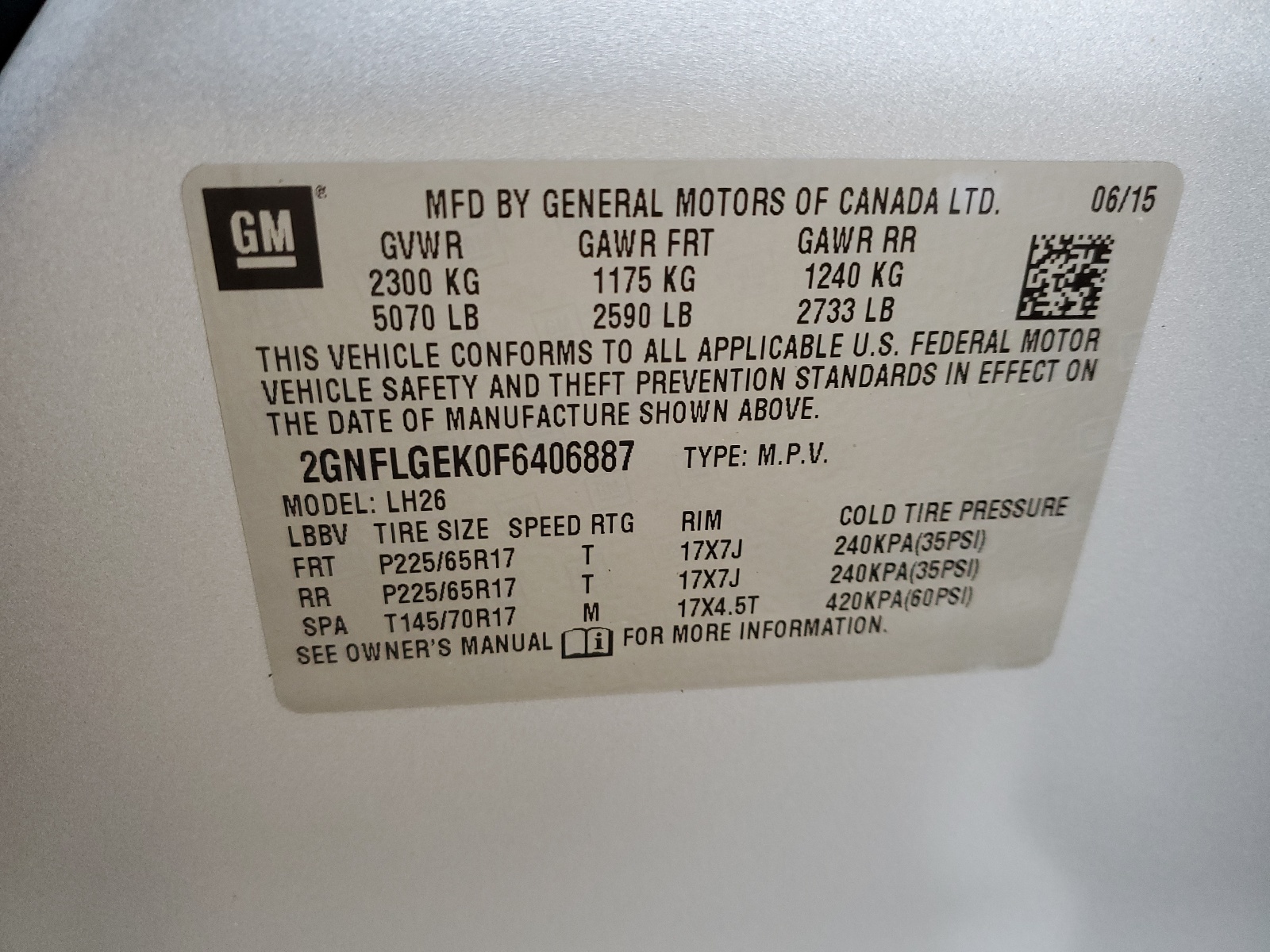 2015 Chevrolet Equinox Lt vin: 2GNFLGEK0F6406887