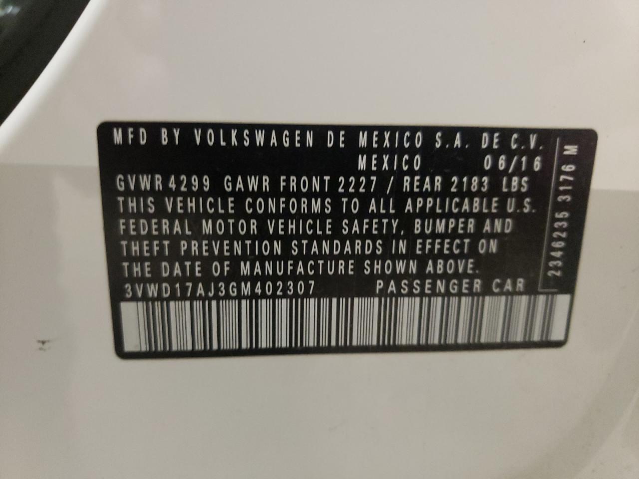 2016 Volkswagen Jetta Sport VIN: 3VWD17AJ3GM402307 Lot: 63883124