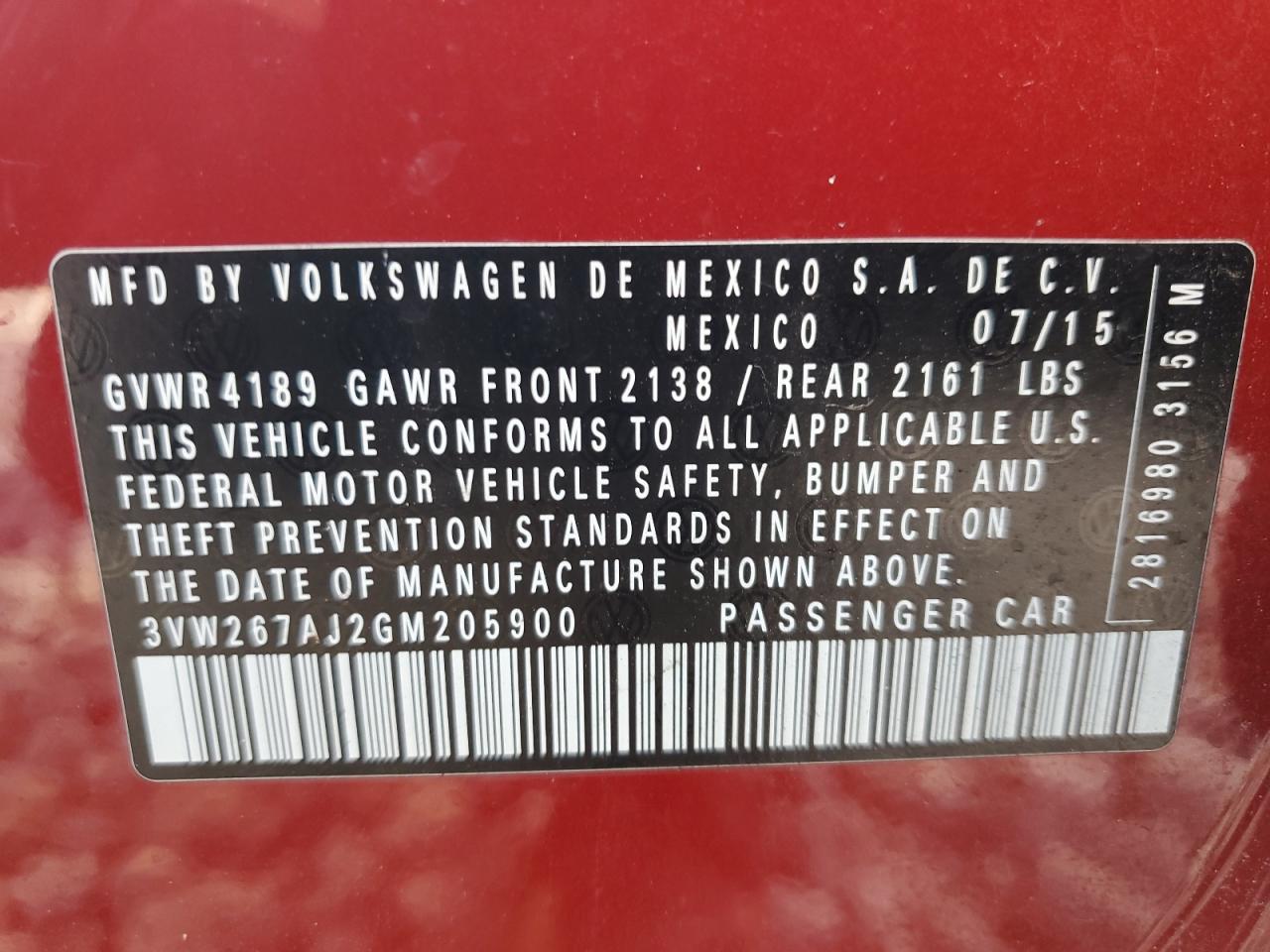 2016 Volkswagen Jetta S VIN: 3VW267AJ2GM205900 Lot: 63551924