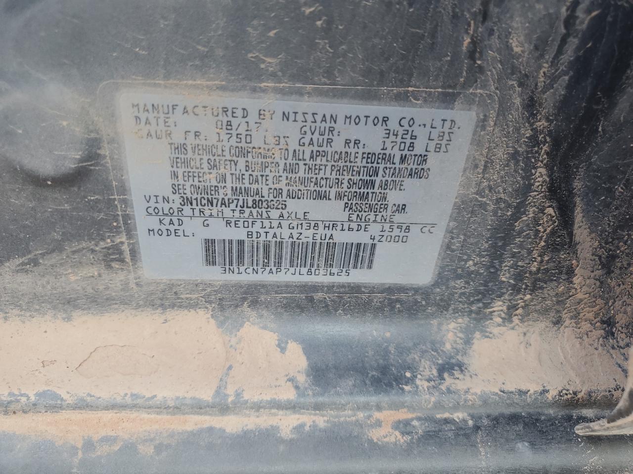 2018 Nissan Versa S VIN: 3N1CN7AP7JL803625 Lot: 63545784