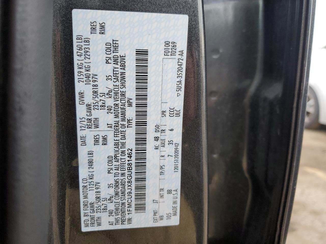 2016 Ford Escape Titanium VIN: 1FMCU9JX8GUB81462 Lot: 63615394