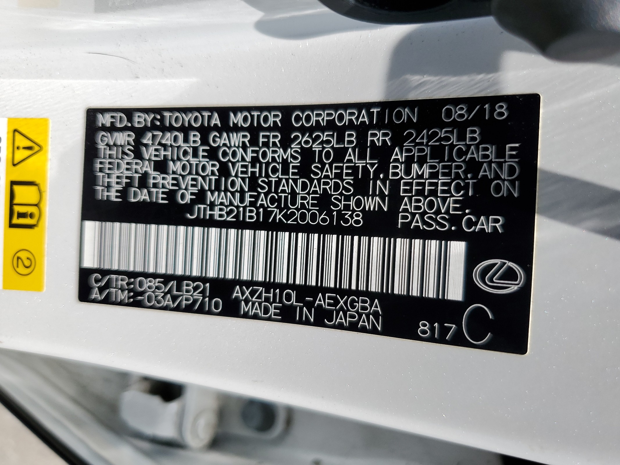 JTHB21B17K2006138 2019 Lexus Es 300H