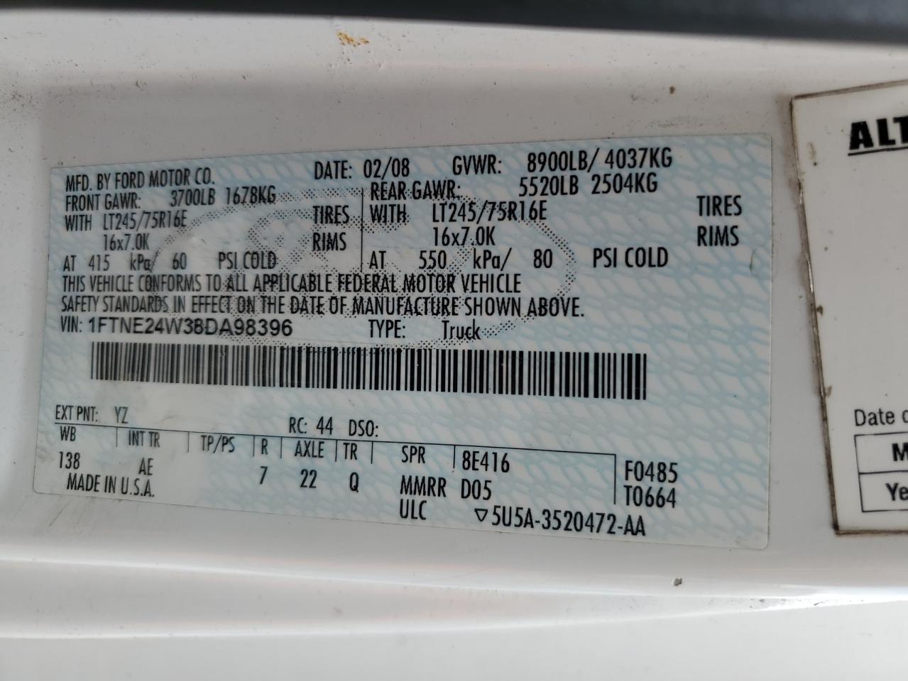 2008 Ford Econoline E250 Van VIN: 1FTNE24W38DA98396 Lot: 64035174