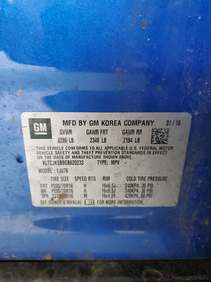 2016 Chevrolet Trax Ls VIN: KL7CJKSB9GB620233 Lot: 64099244