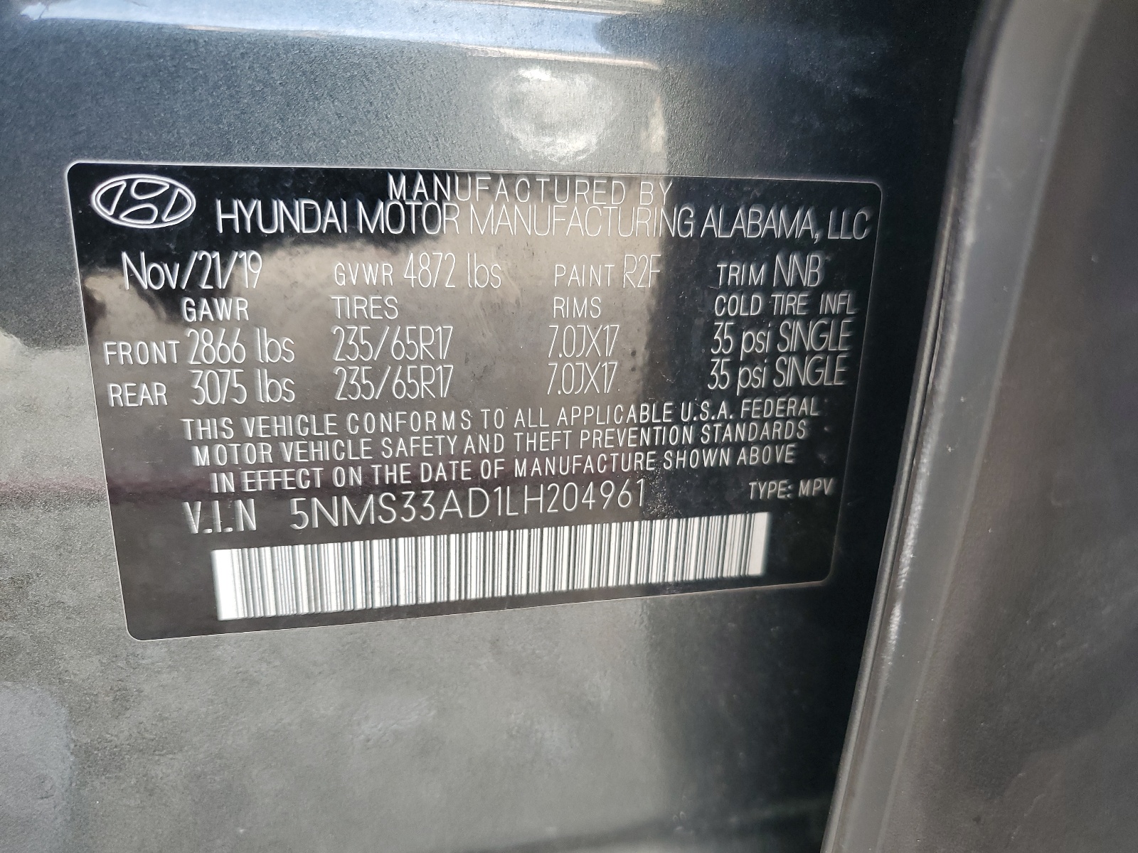 5NMS33AD1LH204961 2020 Hyundai Santa Fe Sel